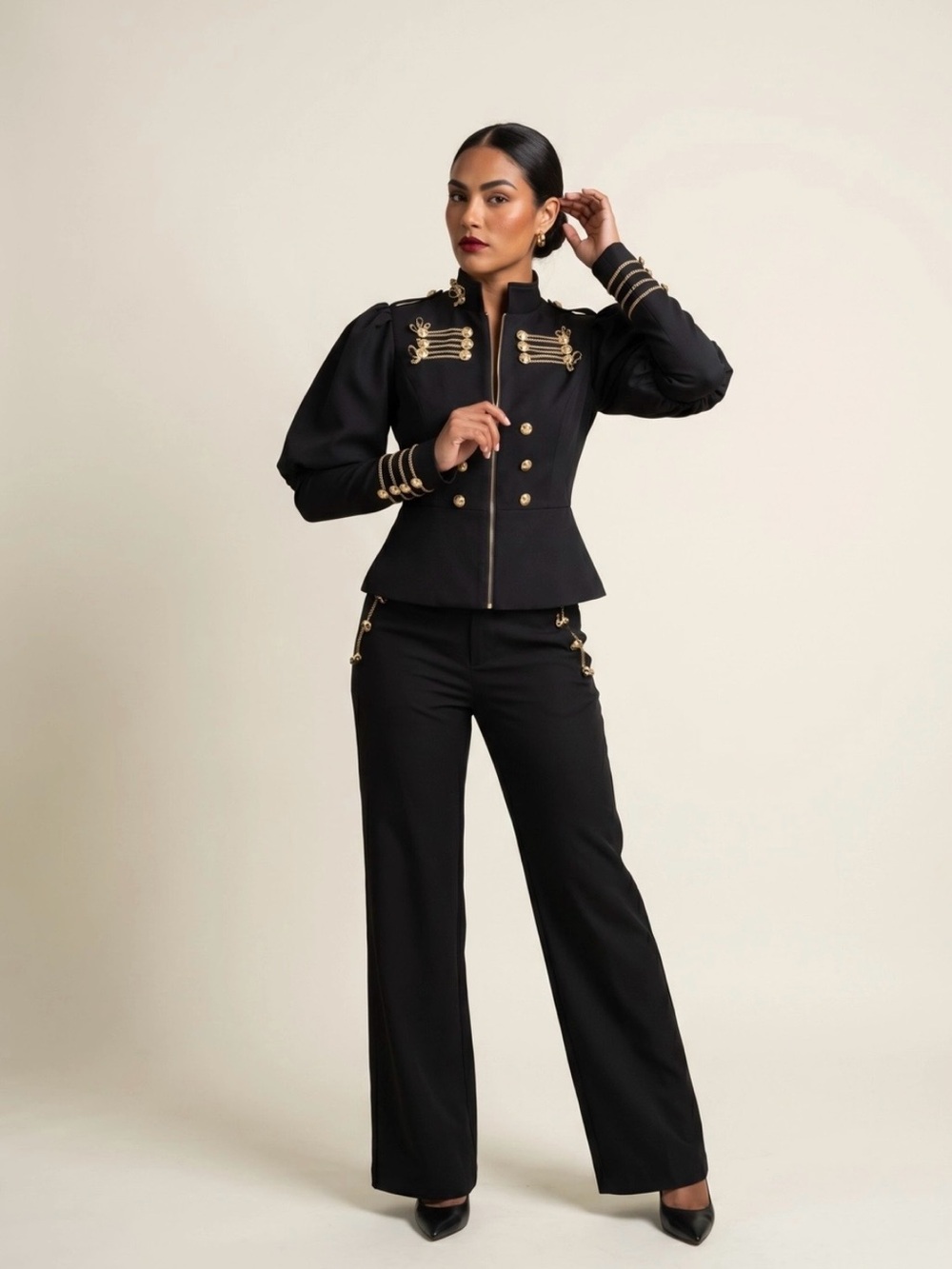 Black Military-Detail High-Waist Wide-Leg Pantsuit